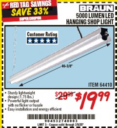 Harbor Freight Coupon BRAUN 5000 LUMENS LED HANGING SHOP LIGHT Lot No. 64410 Expired: 2/8/20 - $19.99