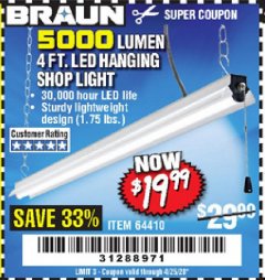 Harbor Freight Coupon BRAUN 5000 LUMENS LED HANGING SHOP LIGHT Lot No. 64410 Expired: 6/30/20 - $19.99
