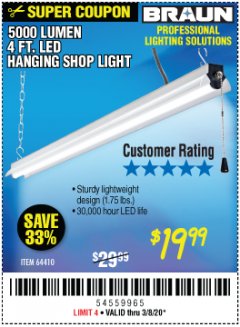 Harbor Freight Coupon BRAUN 5000 LUMENS LED HANGING SHOP LIGHT Lot No. 64410 Expired: 3/8/20 - $19.99