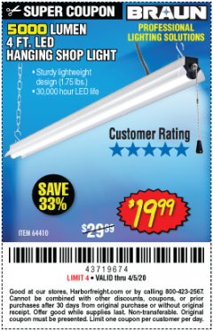 Harbor Freight Coupon BRAUN 5000 LUMENS LED HANGING SHOP LIGHT Lot No. 64410 Expired: 6/30/20 - $19.99