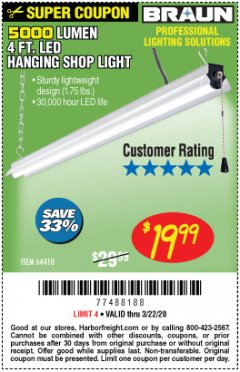 Harbor Freight Coupon BRAUN 5000 LUMENS LED HANGING SHOP LIGHT Lot No. 64410 Expired: 3/22/20 - $19.99