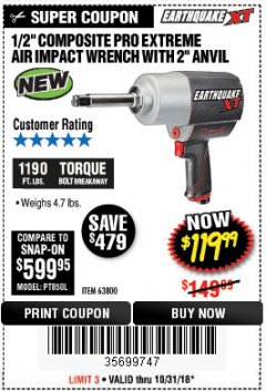 Harbor Freight Coupon 1/2" COMPOSITE PRO EXTREME AIR IMPACT WITH 2" ANVIL Lot No. 63800 Expired: 10/31/18 - $119.99