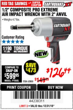 Harbor Freight Coupon 1/2" COMPOSITE PRO EXTREME AIR IMPACT WITH 2" ANVIL Lot No. 63800 Expired: 12/2/18 - $126.44