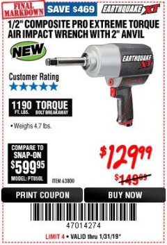 Harbor Freight Coupon 1/2" COMPOSITE PRO EXTREME AIR IMPACT WITH 2" ANVIL Lot No. 63800 Expired: 1/31/19 - $129.99
