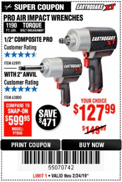 Harbor Freight Coupon 1/2" COMPOSITE PRO EXTREME AIR IMPACT WITH 2" ANVIL Lot No. 63800 Expired: 2/24/19 - $127.99