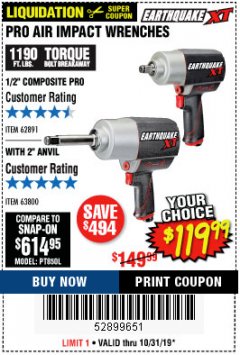 Harbor Freight Coupon 1/2" COMPOSITE PRO EXTREME AIR IMPACT WITH 2" ANVIL Lot No. 63800 Expired: 10/31/19 - $119.99