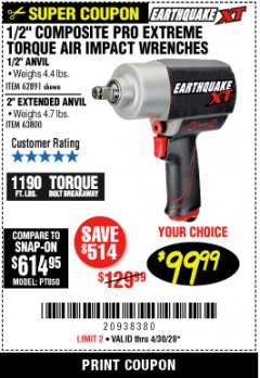 Harbor Freight Coupon 1/2" COMPOSITE PRO EXTREME AIR IMPACT WITH 2" ANVIL Lot No. 63800 Expired: 6/30/20 - $99.99