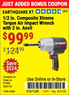 Harbor Freight Coupon 1/2" COMPOSITE PRO EXTREME AIR IMPACT WITH 2" ANVIL Lot No. 63800 Expired: 10/31/20 - $99.99