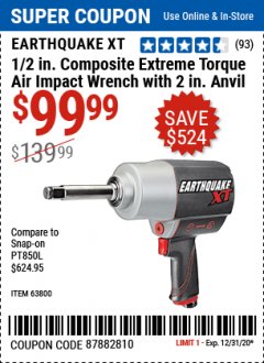 Harbor Freight Coupon 1/2" COMPOSITE PRO EXTREME AIR IMPACT WITH 2" ANVIL Lot No. 63800 Expired: 12/31/20 - $99.99