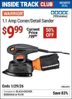 Harbor Freight ITC Coupon WARRIOR 1.1 AMP CORNER/DETAIL SANDER Lot No. 63976 Valid Thru: 1/29/26 - $9.99