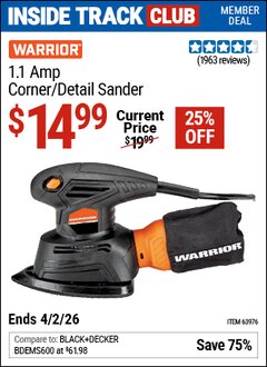 Harbor Freight ITC Coupon WARRIOR 1.1 AMP CORNER/DETAIL SANDER Lot No. 63976 Valid Thru: 4/2/26 - $14.99
