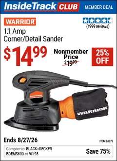 Harbor Freight ITC Coupon WARRIOR 1.1 AMP CORNER/DETAIL SANDER Lot No. 63976 Valid Thru: 8/27/26 - $14.99