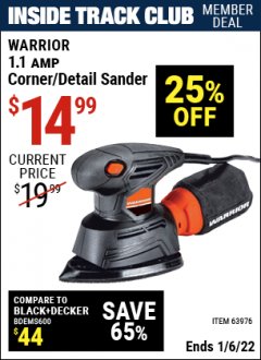 Harbor Freight ITC Coupon WARRIOR PALM DETAIL SANDER Lot No. 63976 Expired: 1/6/22 - $14.99