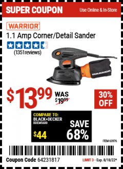 Harbor Freight Coupon WARRIOR PALM DETAIL SANDER Lot No. 63976 Expired: 8/18/22 - $13.99