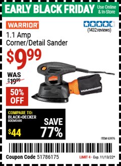 Harbor Freight Coupon WARRIOR PALM DETAIL SANDER Lot No. 63976 Expired: 11/13/22 - $9.99