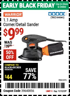 Harbor Freight Coupon WARRIOR PALM DETAIL SANDER Lot No. 63976 Expired: 11/12/23 - $9.99