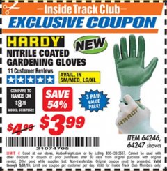 Harbor Freight ITC Coupon HARDY NITRILE-DIPPED GARDENING GLOVES, 3-PAIR Lot No. 64246/64247 Expired: 5/31/19 - $3.99