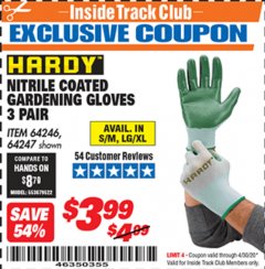Harbor Freight ITC Coupon HARDY NITRILE-DIPPED GARDENING GLOVES, 3-PAIR Lot No. 64246/64247 Expired: 4/30/20 - $3.99