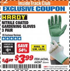 Harbor Freight ITC Coupon HARDY NITRILE-DIPPED GARDENING GLOVES, 3-PAIR Lot No. 64246/64247 Expired: 6/30/20 - $3.99