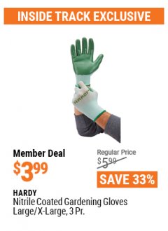 Harbor Freight ITC Coupon HARDY NITRILE-DIPPED GARDENING GLOVES, 3-PAIR Lot No. 64246/64247 Expired: 4/29/21 - $3.99