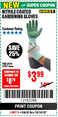 Harbor Freight Coupon HARDY NITRILE-DIPPED GARDENING GLOVES, 3-PAIR Lot No. 64246/64247 Expired: 10/14/18 - $3.99