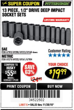 Harbor Freight Coupon 13 PIECE, 1/2" DRIVE DEEP IMPACT SOCKETS SETS Lot No. 67903/69280/69333/69560/67904/69279/69332/69561 Expired: 11/30/18 - $19.99