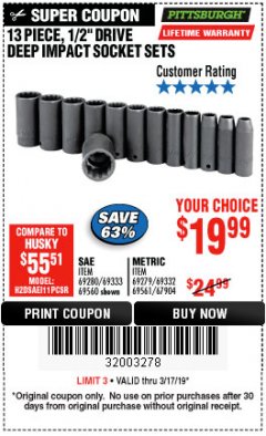 Harbor Freight Coupon 13 PIECE, 1/2" DRIVE DEEP IMPACT SOCKETS SETS Lot No. 67903/69280/69333/69560/67904/69279/69332/69561 Expired: 3/17/19 - $19.99