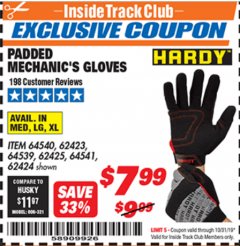 Harbor Freight ITC Coupon HARDY PADDED MECHANIC'S GLOVES Lot No. 64539/62424/64540/62425/64541/62423 Expired: 10/31/19 - $7.99