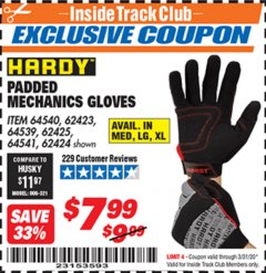 Harbor Freight ITC Coupon HARDY PADDED MECHANIC'S GLOVES Lot No. 64539/62424/64540/62425/64541/62423 Expired: 3/31/20 - $7.99