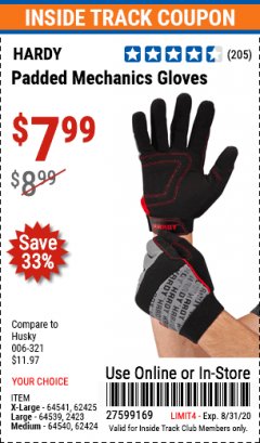 Harbor Freight ITC Coupon HARDY PADDED MECHANIC'S GLOVES Lot No. 64539/62424/64540/62425/64541/62423 Expired: 8/31/20 - $7.99