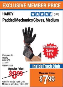 Harbor Freight ITC Coupon HARDY PADDED MECHANIC'S GLOVES Lot No. 64539/62424/64540/62425/64541/62423 Expired: 10/31/20 - $7.99