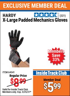 Harbor Freight ITC Coupon HARDY PADDED MECHANIC'S GLOVES Lot No. 64539/62424/64540/62425/64541/62423 Expired: 3/25/21 - $5.99