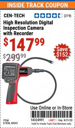 Harbor Freight ITC Coupon HIGH RESOLUTION DIGITAL INSPECTION CAMERA WITH RECORDER Lot No. 60695/67980/61838 Expired: 8/31/20 - $147.99