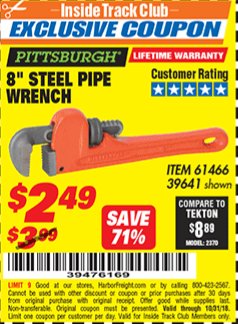 Harbor Freight ITC Coupon 8" STEEL PIPE WRENCH Lot No. 61466/39641 Expired: 10/31/18 - $2.49