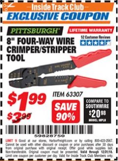 Harbor Freight ITC Coupon 8" FOUR-WAY WIRE CRIMPER/STRIPPER TOOL Lot No. 63307 Expired: 12/31/18 - $1.99