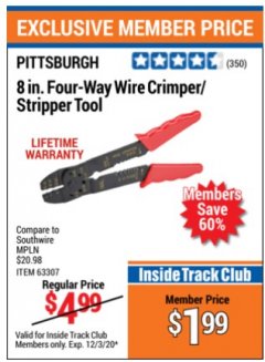 Harbor Freight ITC Coupon 8" FOUR-WAY WIRE CRIMPER/STRIPPER TOOL Lot No. 63307 Expired: 12/3/20 - $1.99