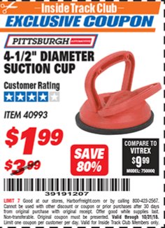 Harbor Freight ITC Coupon 4-1/2" DIAMETER SUCTION CUP Lot No. 40993 Expired: 10/31/18 - $1.99