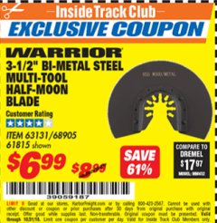 Harbor Freight ITC Coupon 3-1/2" BI-METAL STEEL MULTI-TOOL HALF-MOON BLADE Lot No. 63131/68905/61815 Expired: 10/31/18 - $6.99