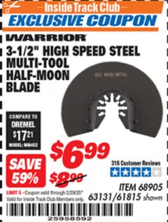 Harbor Freight ITC Coupon 3-1/2" BI-METAL STEEL MULTI-TOOL HALF-MOON BLADE Lot No. 63131/68905/61815 Expired: 2/29/20 - $6.99