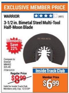 Harbor Freight ITC Coupon 3-1/2" BI-METAL STEEL MULTI-TOOL HALF-MOON BLADE Lot No. 63131/68905/61815 Expired: 12/3/20 - $6.99