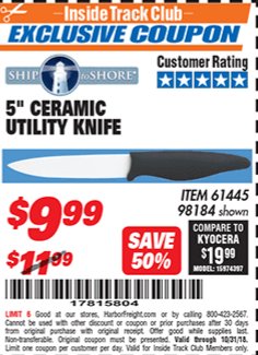 Harbor Freight ITC Coupon 5" CERAMIC UTILITY KNIFE Lot No. 61445/98184 Expired: 10/31/18 - $9.99