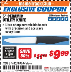 Harbor Freight ITC Coupon 5" CERAMIC UTILITY KNIFE Lot No. 61445 98184 Expired: 10/31/19 - $9.99