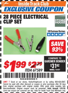 Harbor Freight ITC Coupon 28 PIECE ELECTRICAL CLIP SET Lot No. 67589 Expired: 1/31/19 - $1.99