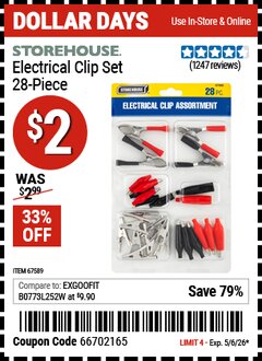 Harbor Freight Coupon STOREHOUSE ELECTRICAL CLIP SET, 28-PIECE Lot No. 67589 Valid Thru: 5/6/26 - $2