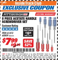 Harbor Freight ITC Coupon 8 PIECE ACETATE HANDLE SCREWDRIVER SET Lot No. 61412 Expired: 10/31/18 - $7.99