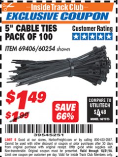 Harbor Freight ITC Coupon 5" CABLE TIES PACK OF 100 Lot No. 69406 Expired: 10/31/18 - $1.49