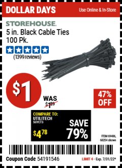 Harbor Freight Coupon 5" CABLE TIES PACK OF 100 Lot No. 69406 Expired: 7/31/22 - $1