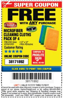 Harbor Freight FREE Coupon MICROFIBER CLEANING CLOTHS PACK OF 4 Lot No. 57162/63358/63925/63363 Expired: 11/19/17 - FWP
