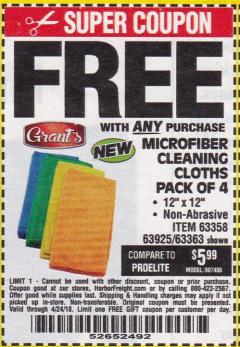 Harbor Freight FREE Coupon GRANT'S MICROFIBER CLEANING CLOTHS 12 IN. X 12 IN., 4-PACK Lot No. 63363/63358/63925 Expired: 4/24/18 - FWP