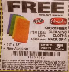 Harbor Freight FREE Coupon GRANT'S MICROFIBER CLEANING CLOTHS 12 IN. X 12 IN., 4-PACK Lot No. 63363/63358/63925 Expired: 6/1/18 - FWP